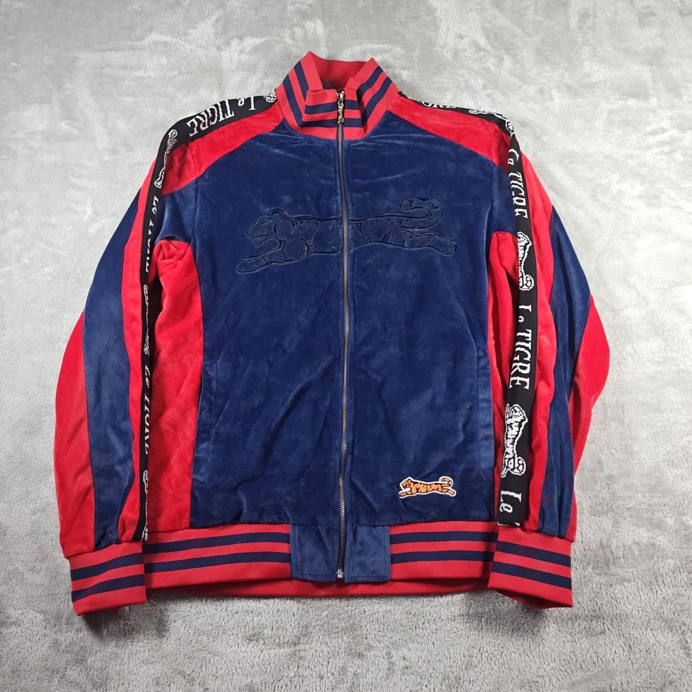 Le Tigre Track Jacket Mens XL Red Blue Velour Full Zip Logo Taping StreetwearNew